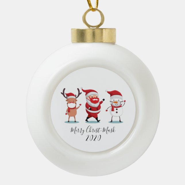 Christmas 2020 Merry Christmask Script Quarantine Ceramic Ball Christmas Ornament (Front)