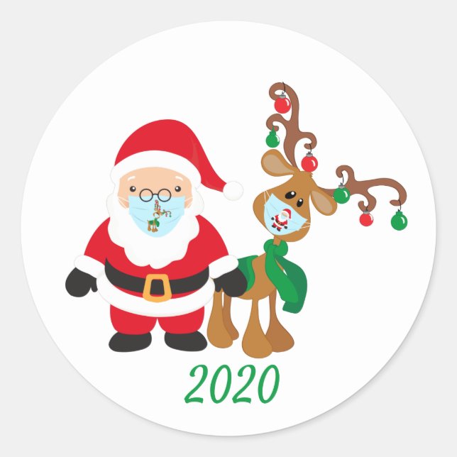 Christmas 2020 Santa Reindeer Quarantine Classic Round Sticker (Front)