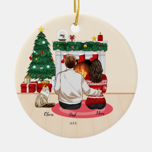 Christmas 2022 Personalize Family Mom Dad Cat Cera Ceramic Ornament (Front)
