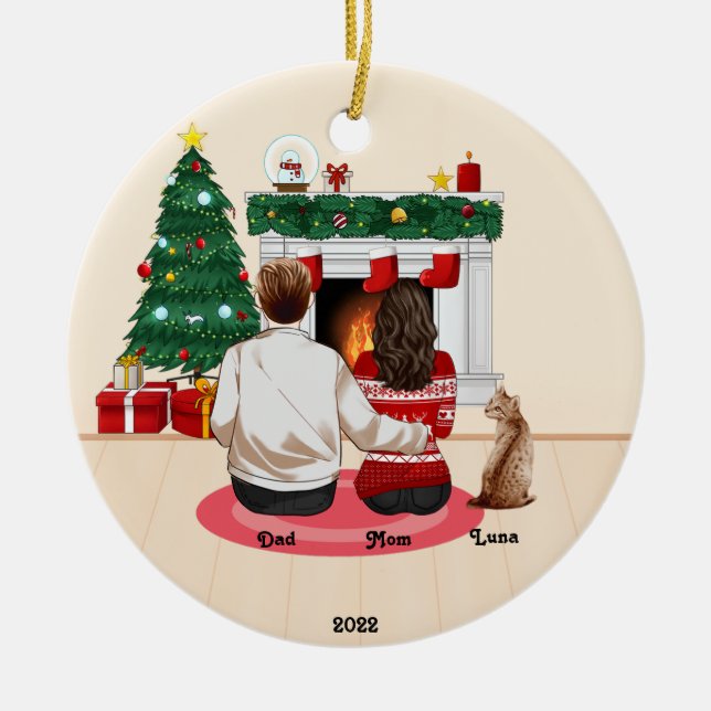 Christmas 2022 Personalize Family Mom Dad Cat Ceramic Ornament (Front)