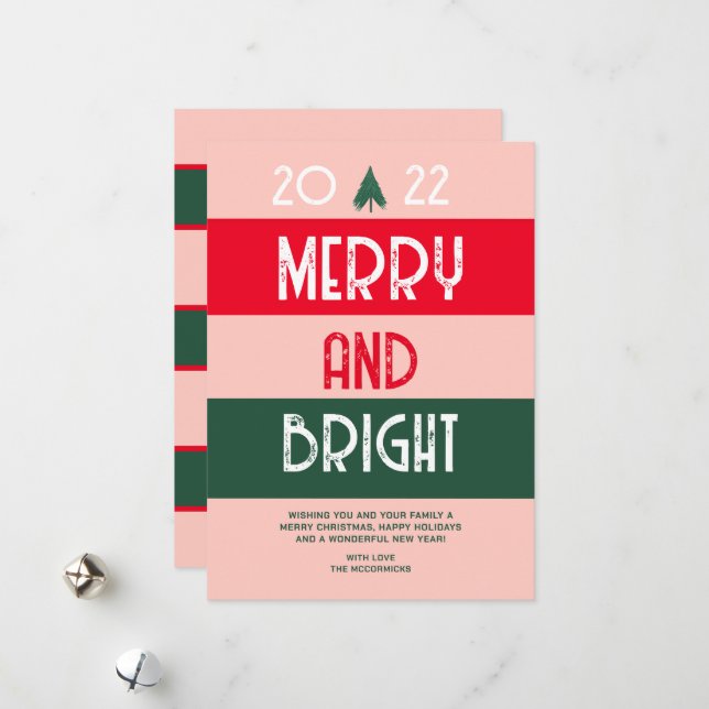 Christmas 2022 Retro Merry And Bright Pink Red Holiday Card (Front/Back In Situ)