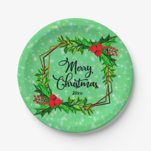 Christmas 20xx Holly Red Berries Modern Green 7" Paper Plate