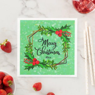 Christmas 20xx Holly Red Berries Modern Green Napkin