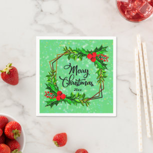 Christmas 20xx Holly Red Berries Modern Green Napkin