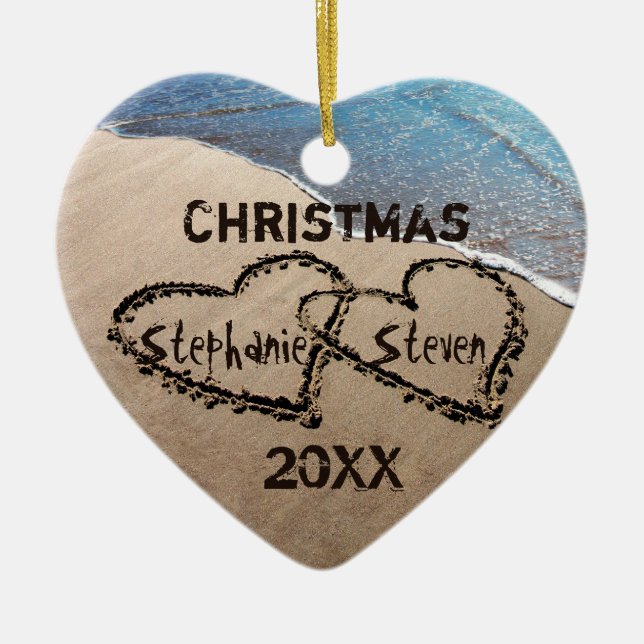 Christmas 20XX Two Hearts In Sand Custom Ornament (Front)