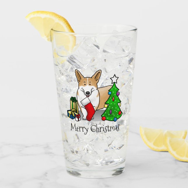 Christmas 2 Pembroke Welsh Corgi (red 1) Tree Cute Glass (Front Ice)