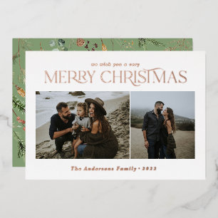 Christmas 2 photo watercolor botanical floral foil holiday card