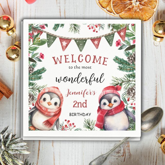 Christmas 2nd Birthday Cute Penguin Winter Party Napkin (Creator Uploaded)