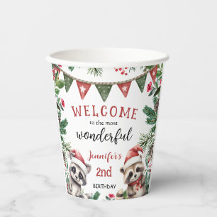 Christmas 2nd Birthday Woodland Raccoon Paper Cups