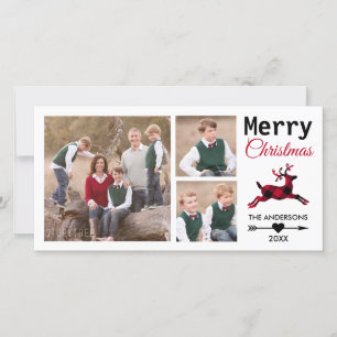 Christmas 3 Family Photo Red Plaid Reindeer Holiday Card