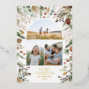 Christmas 3 photo arch watercolor botanical floral foil holiday card