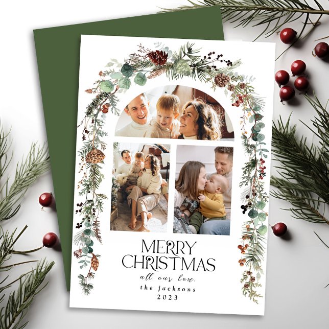 Christmas 3 Photo Collage Arch Wreath Holiday Card (Creator Uploaded)