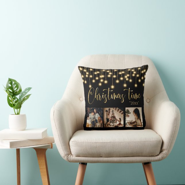 Christmas 3 Photo Collage Rustic String Lights Throw Pillow (Chair)