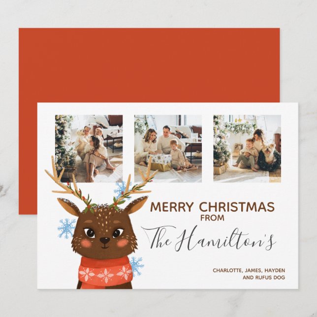 Christmas 3 Photo Personalized Reindeer Holiday Card (Front/Back)