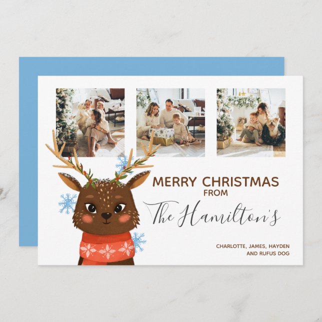 Christmas 3 Photo Personalized Reindeer Holiday Card (Front/Back)