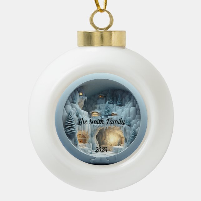Christmas 3D Ice Snow Fireplace  Ceramic Ball Christmas Ornament (Front)