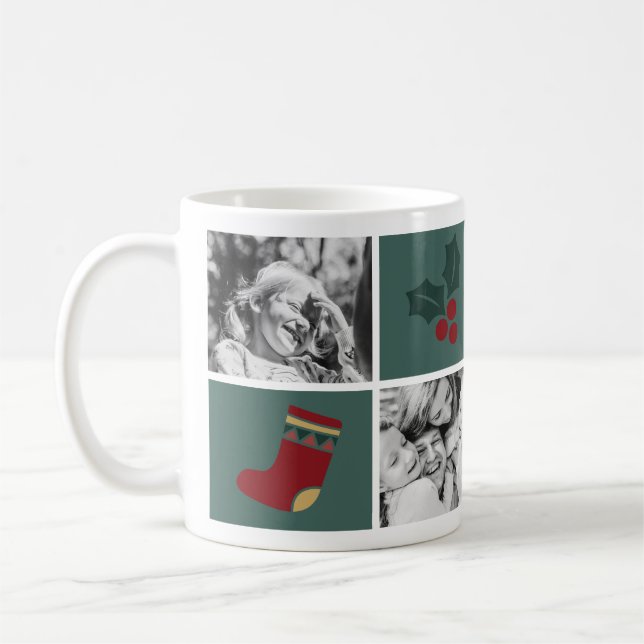 Christmas 4 Custom Photos Mistletoe Green Coffee Mug (Left)