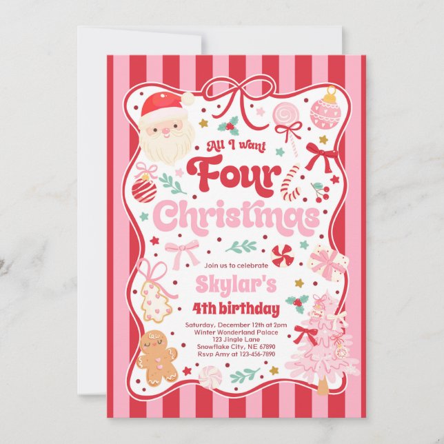 Christmas 4th Birthday Party Coquette Bow Birthday Invitation (Front)