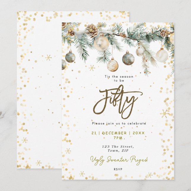 Christmas 50 party baubles pine tree invitation (Front/Back)