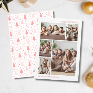 Christmas 5 Photo Collage Family Pink Holiday Card