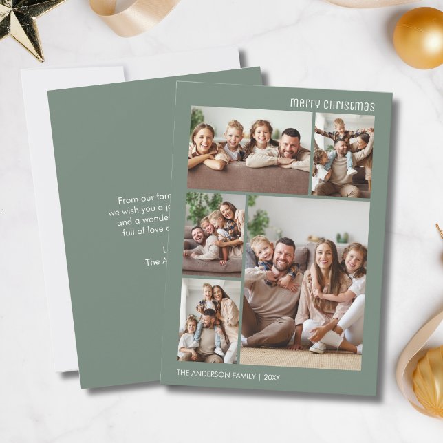 Christmas 5 Photo Collage Family Sage Green Holiday Card (Christmas 5 Photo Collage Family Sage Green Holiday Card)