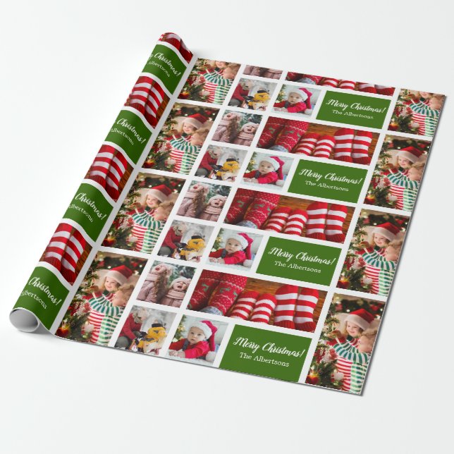 Christmas 5 Photo Collage with Family Name, Green Wrapping Paper (Unrolled)