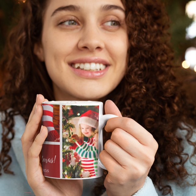 Christmas 5 Photo Collage with Family Name, Red Coffee Mug (Creator Uploaded)