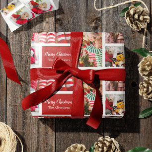Christmas 5 Photo Collage with Family Name, Red Wrapping Paper