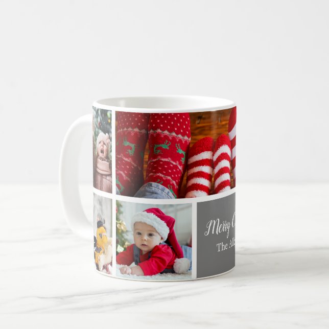 Christmas 5 Photo Collage with Family Name, Silver Coffee Mug (Front Left)
