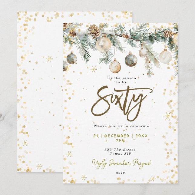 Christmas 60 party baubles pine tree invitation (Front/Back)