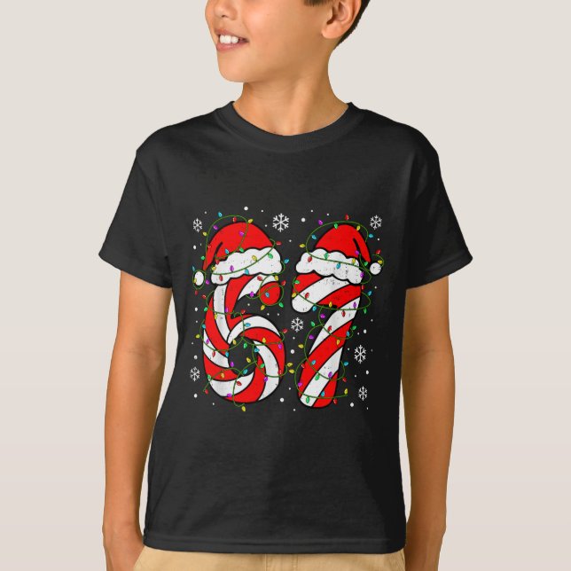 Christmas 67 Candy Cane Six Seven Meme Lights Sant T-Shirt (Front)