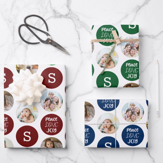 Christmas 6 Photos Monogram PEACE LOVE JOY Wrapping Paper Sheet (Front)
