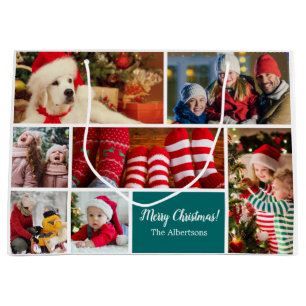 Christmas 7 Photo Collage with Family Name, Blue Large Gift Bag