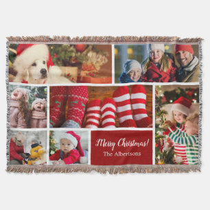 Christmas 7 Photo Collage with Family Name, Red Throw Blanket