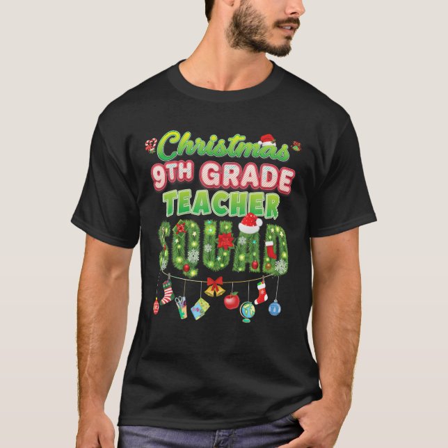 Christmas 9th Grade Teacher Squad Merry Pine Tree  T-Shirt (Front)