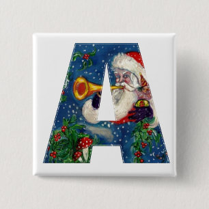 CHRISTMAS A LETTER / SANTA BUGLER MONOGRAM 2 INCH SQUARE BUTTON