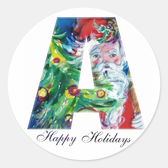 CHRISTMAS A LETTER / SANTA WITH CHRISTMAS TREE CLASSIC ROUND STICKER (Front)