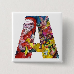 CHRISTMAS A LETTER / SANTA WITH GIFTS MONOGRAM 2 INCH SQUARE BUTTON