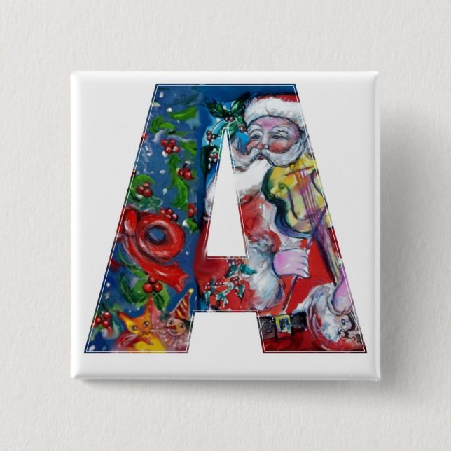 CHRISTMAS A LETTER / SANTA  WITH VIOLIN MONOGRAM 2 INCH SQUARE BUTTON (Front)