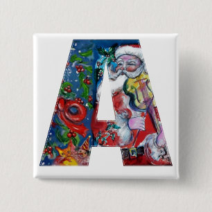 CHRISTMAS A LETTER / SANTA  WITH VIOLIN MONOGRAM 2 INCH SQUARE BUTTON