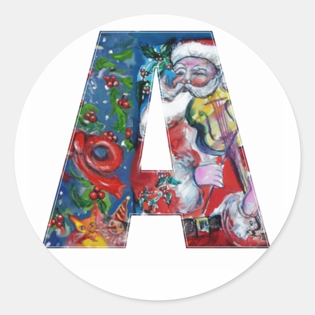 CHRISTMAS A LETTER  / SANTA WITH VIOLIN MONOGRAM CLASSIC ROUND STICKER (Front)