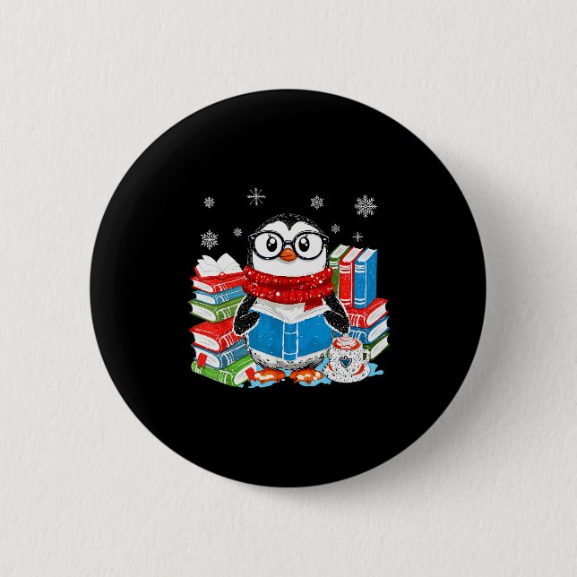 Christmas A Penguin Reading Book Snowflake Cocoa H 2 Inch Round Button (Front)