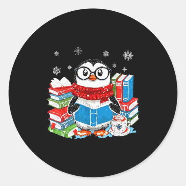 Christmas A Penguin Reading Book Snowflake Cocoa H Classic Round Sticker (Front)
