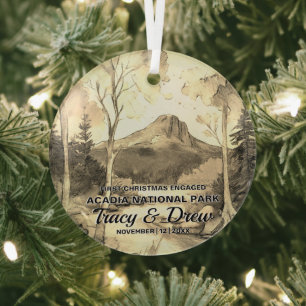 Christmas Acadia National Park Sepia Engage Couple Glass Ornament
