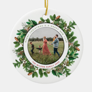 Christmas Acorn Wreath Family Photo Ceramic Ornament