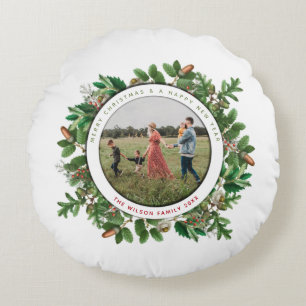 Christmas Acorn Wreath Family Photo Round Pillow