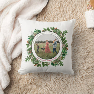 Christmas Acorn Wreath Family Photo Throw Pillow