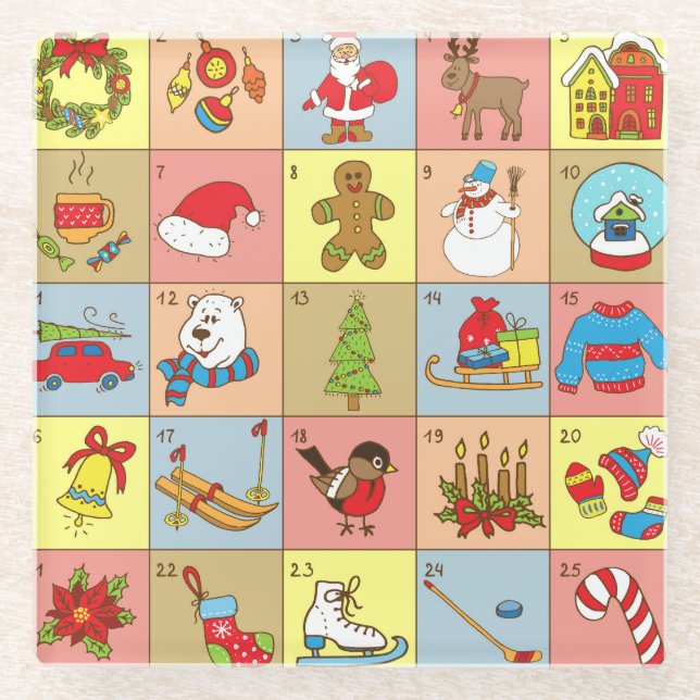 Christmas Advent: Doodle Element Collection Glass Coaster (Front)