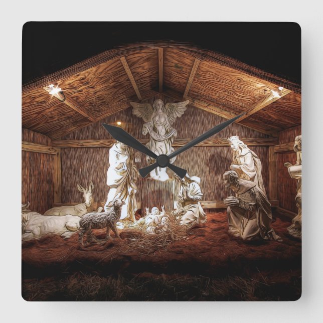 Christmas Advent Jesus Nativity Manger Scene Square Wall Clock (Front)