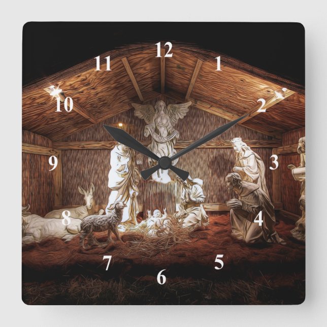 Christmas Advent Jesus Nativity Manger Scene Square Wall Clock (Front)